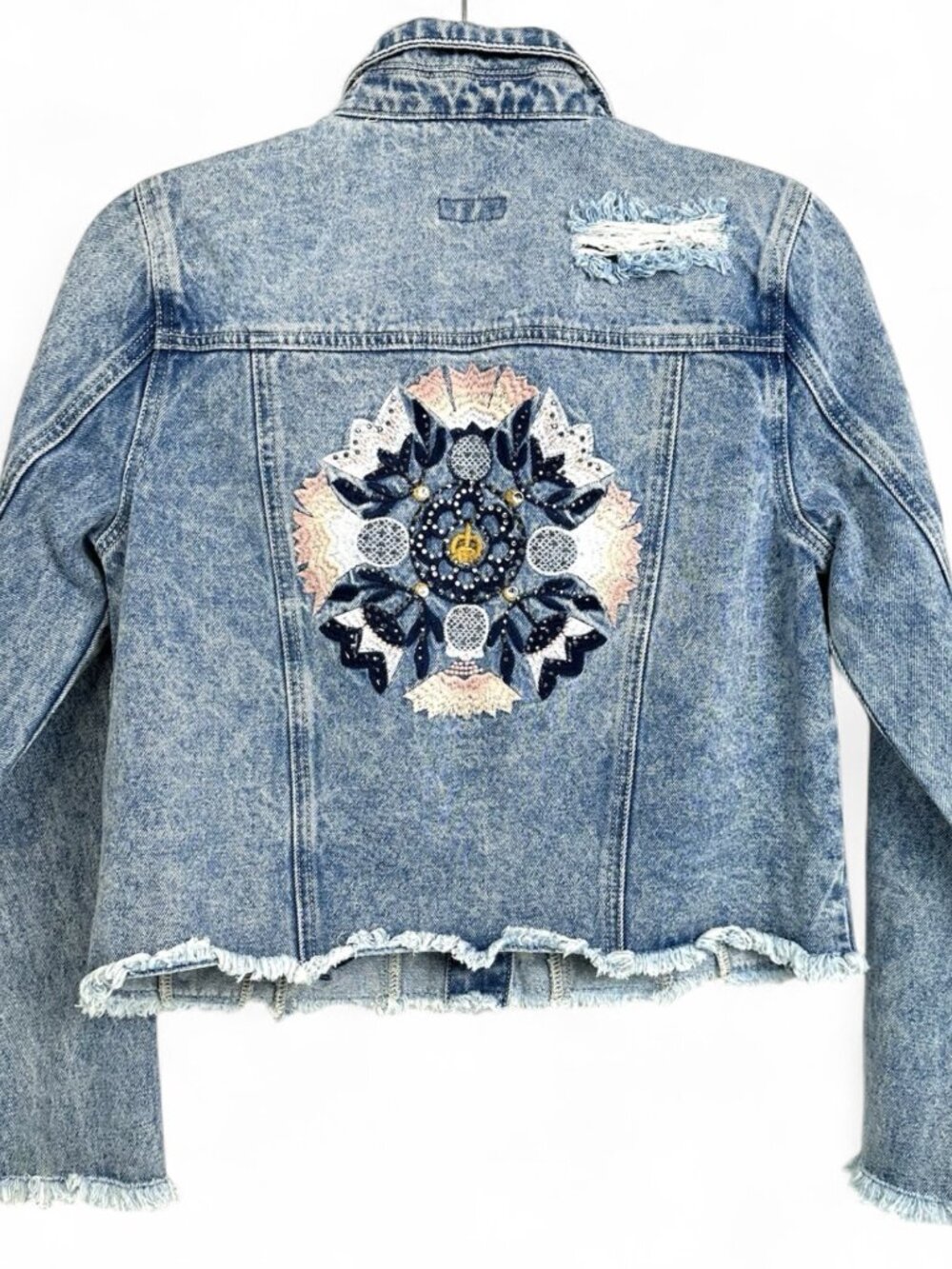 Bebe Distressed Denim Jacket Women's M Blue Sequin Floral Emblem